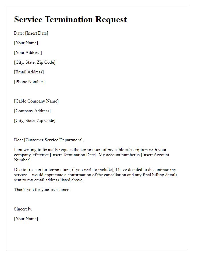 Letter template of service termination request for cable subscription