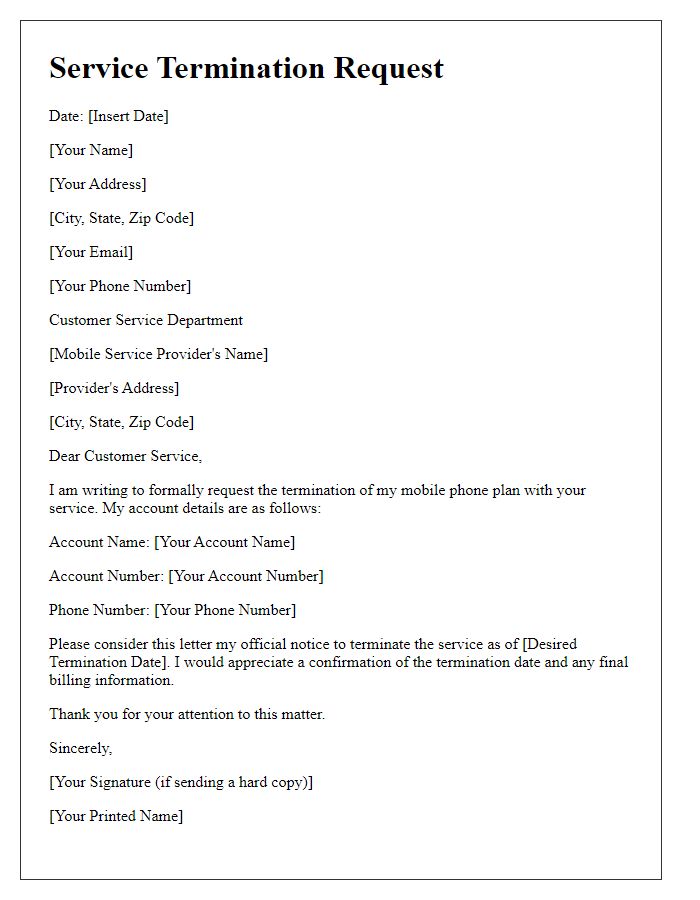 Letter template of service termination request for mobile phone plan