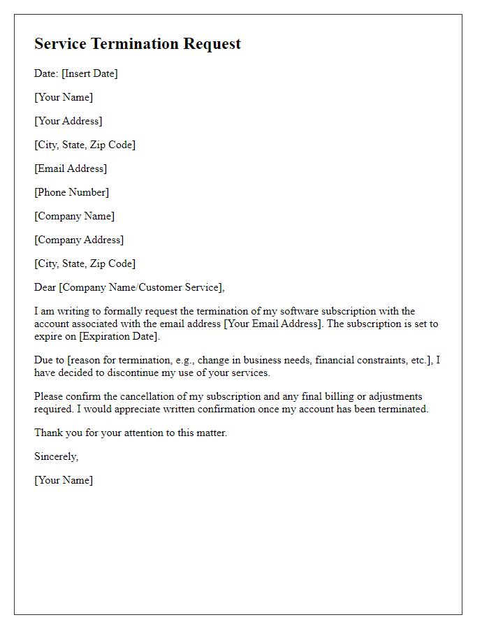 Letter template of service termination request for software subscription