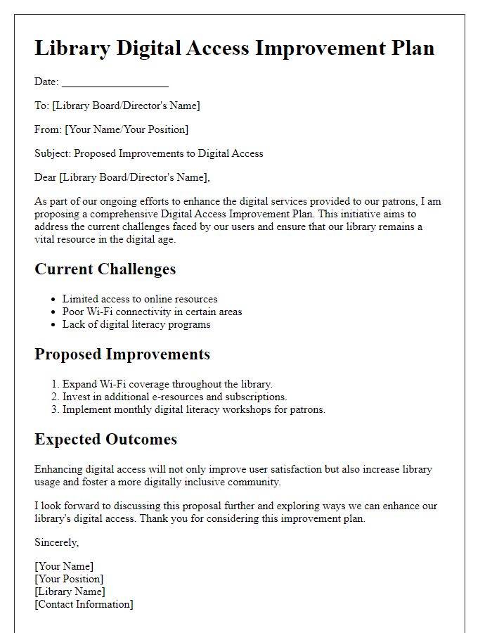 Letter template of library digital access improvement plan.