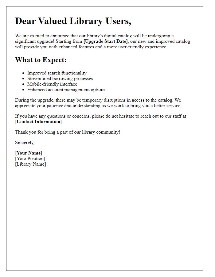 Letter template of library digital catalog upgrade announcement.