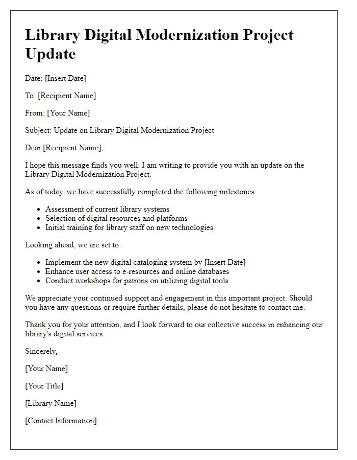 Letter template of library digital modernization project update.