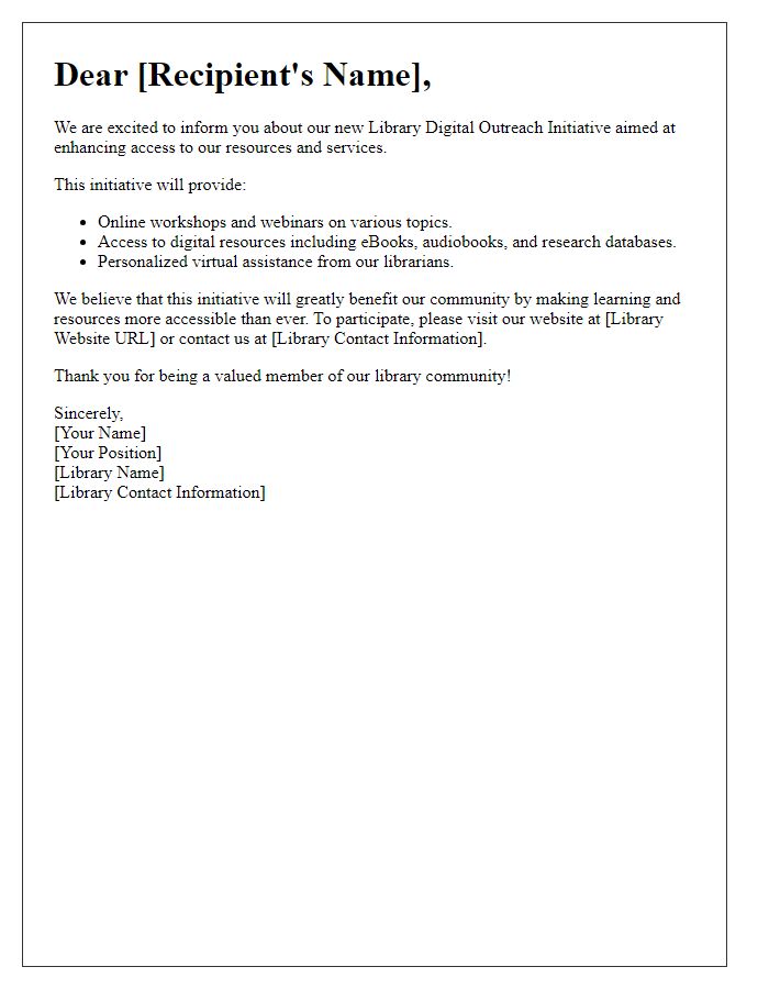 Letter template of library digital outreach initiative notification.