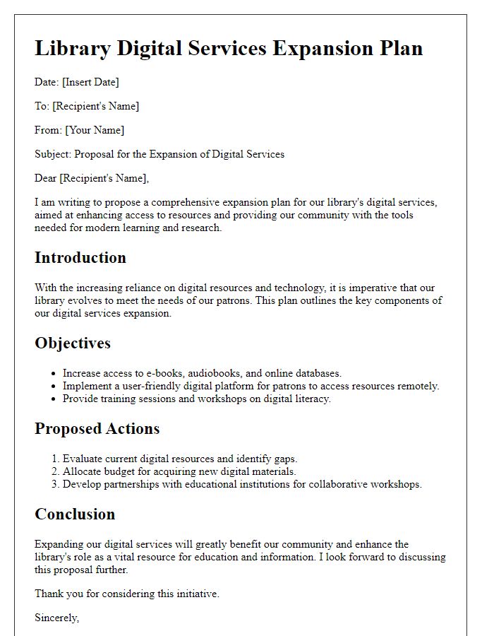 Letter template of library digital services expansion plan.