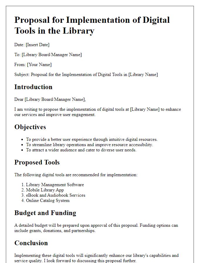 Letter template of library digital tool implementation proposal.