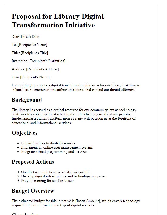 Letter template of library digital transformation initiative proposal.