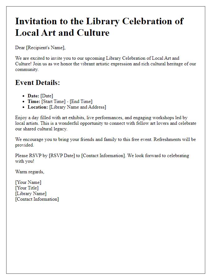 Letter template of library celebration of local art and culture