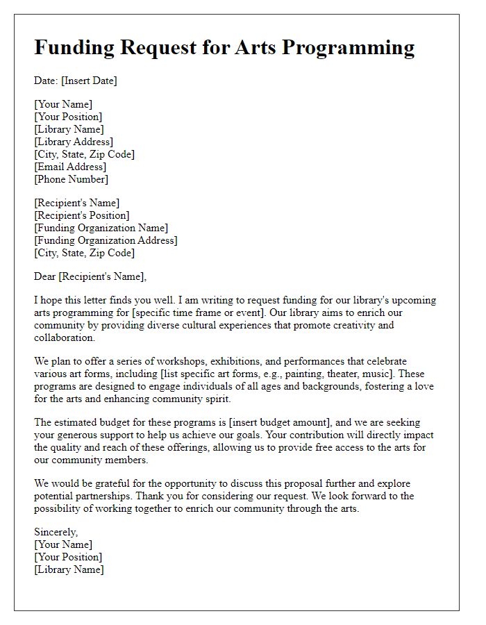 Letter template of library funding request for arts programming