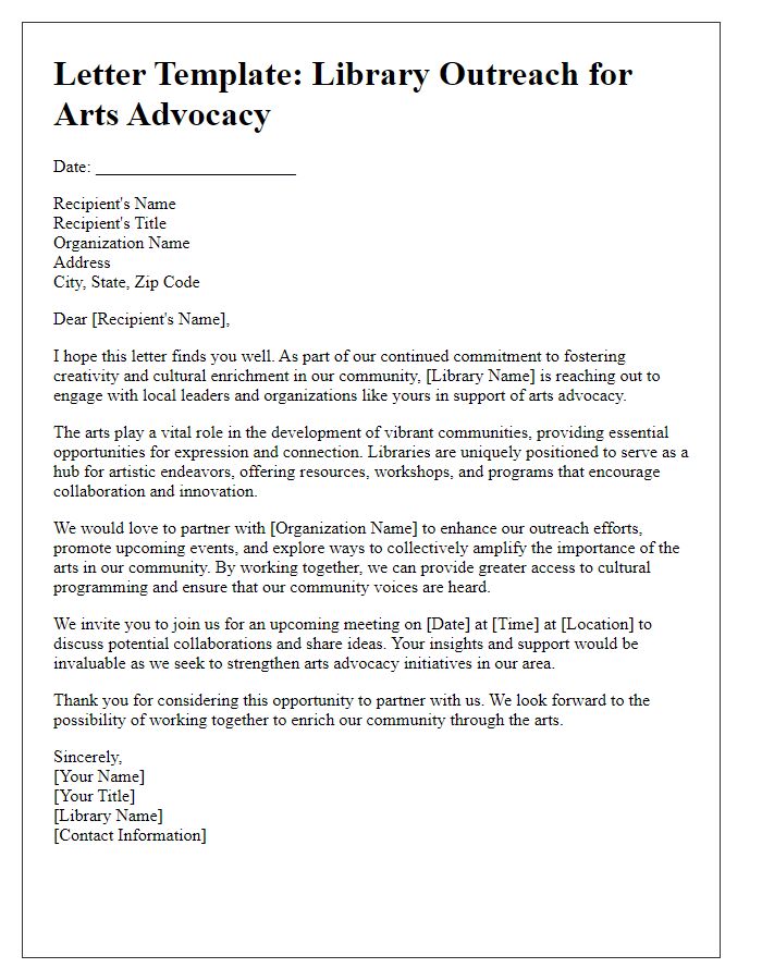 Letter template of library outreach for arts advocacy in the community