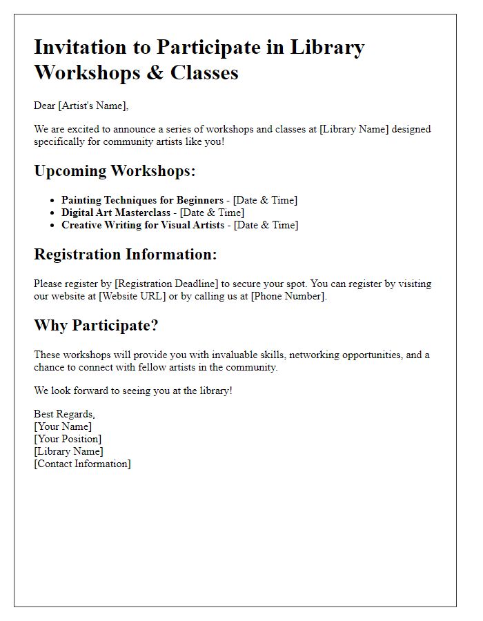 Letter template of library workshops and classes for community artists