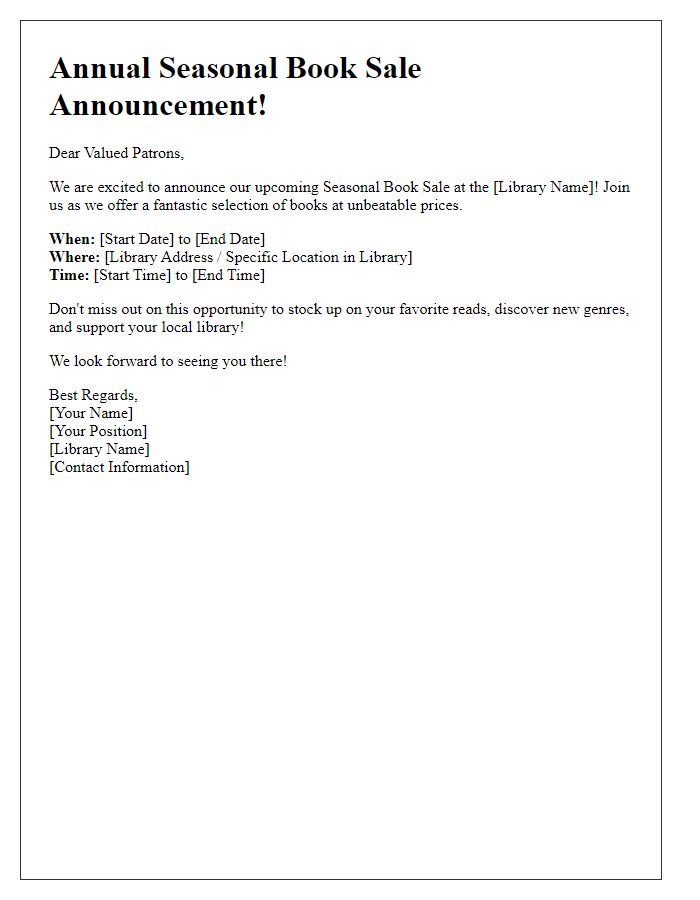 Letter template of announcement for library seasonal book sale.