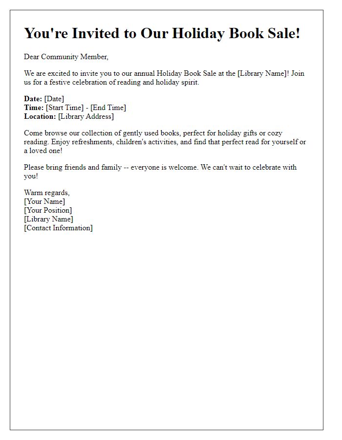 Letter template of invitation to community for library holiday book sale.