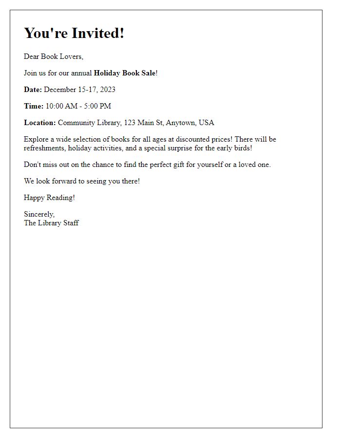 Letter template of invitation for library holiday book sale event.