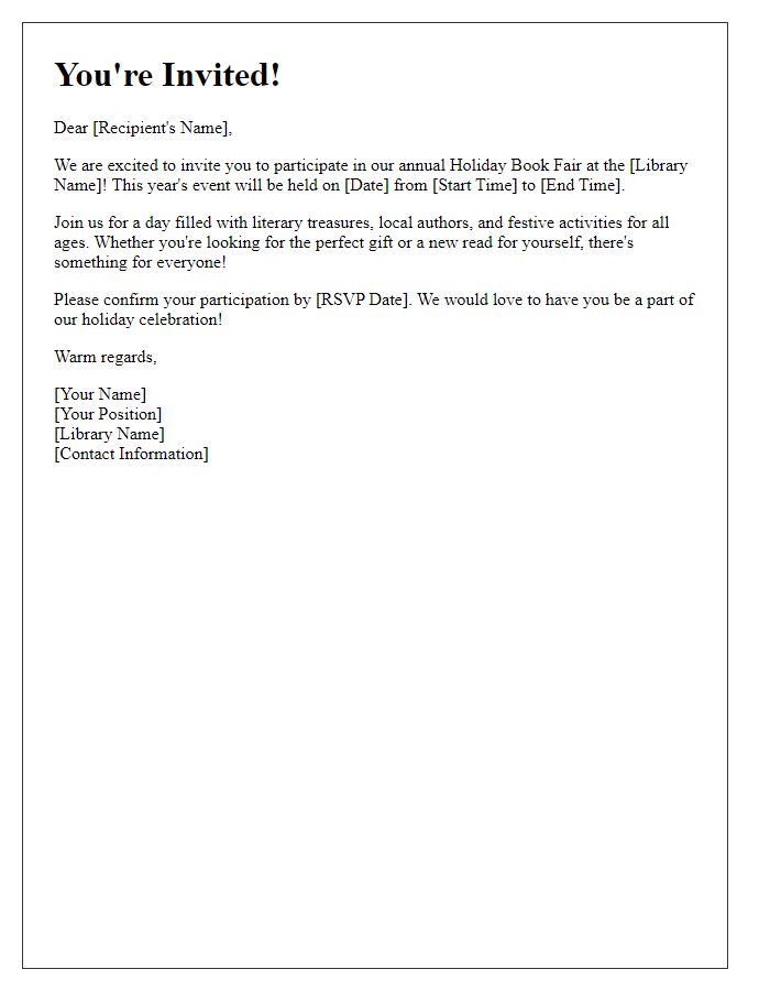 Letter template of invitation to participate in library holiday book fair.