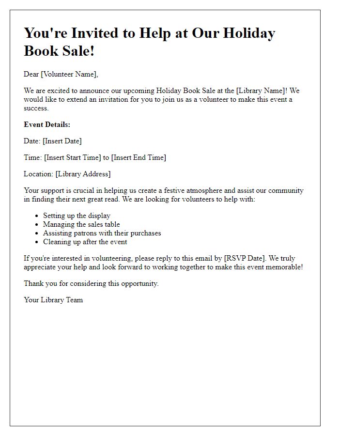 Letter template of invitation for volunteers at library holiday book sale.