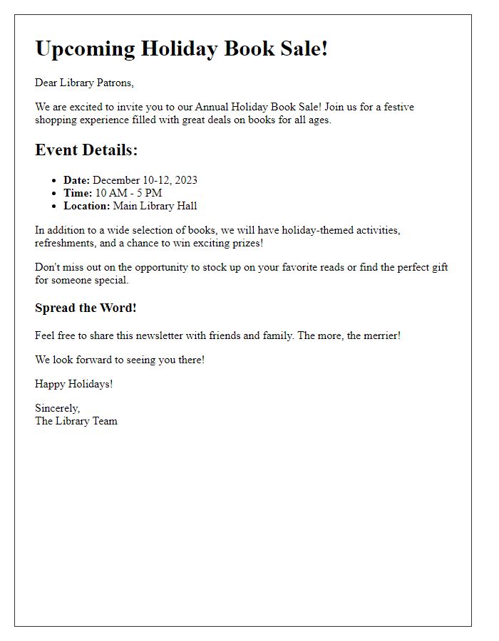 Letter template of newsletter for upcoming library holiday book sale.