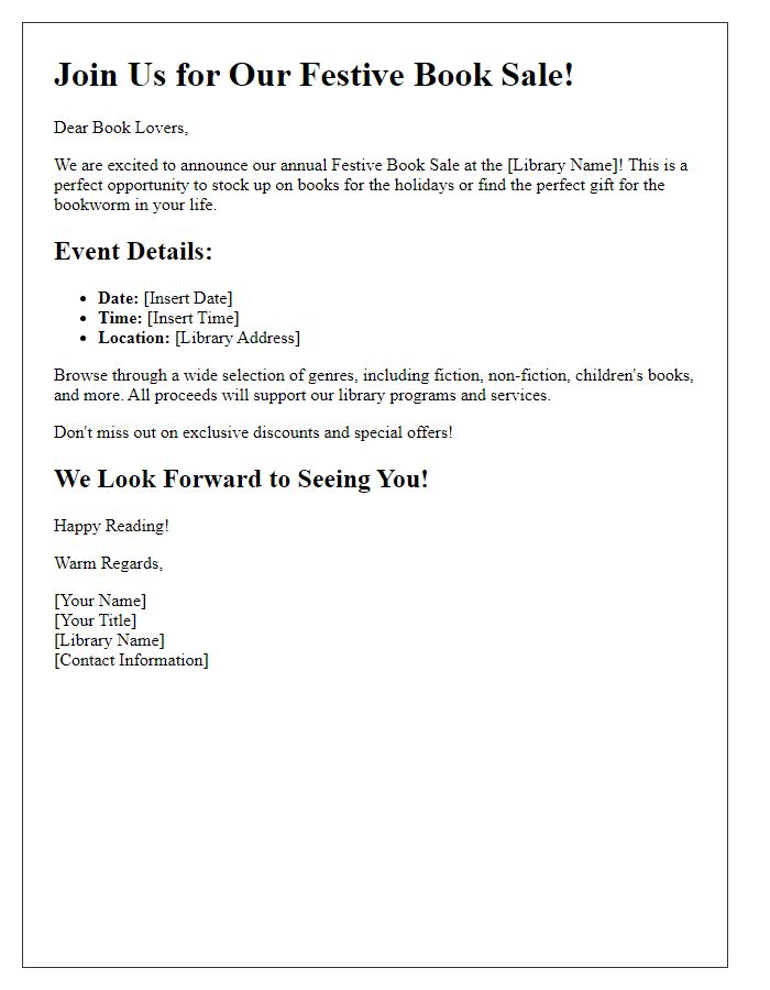 Letter template of promotional notice for library festive book sale.