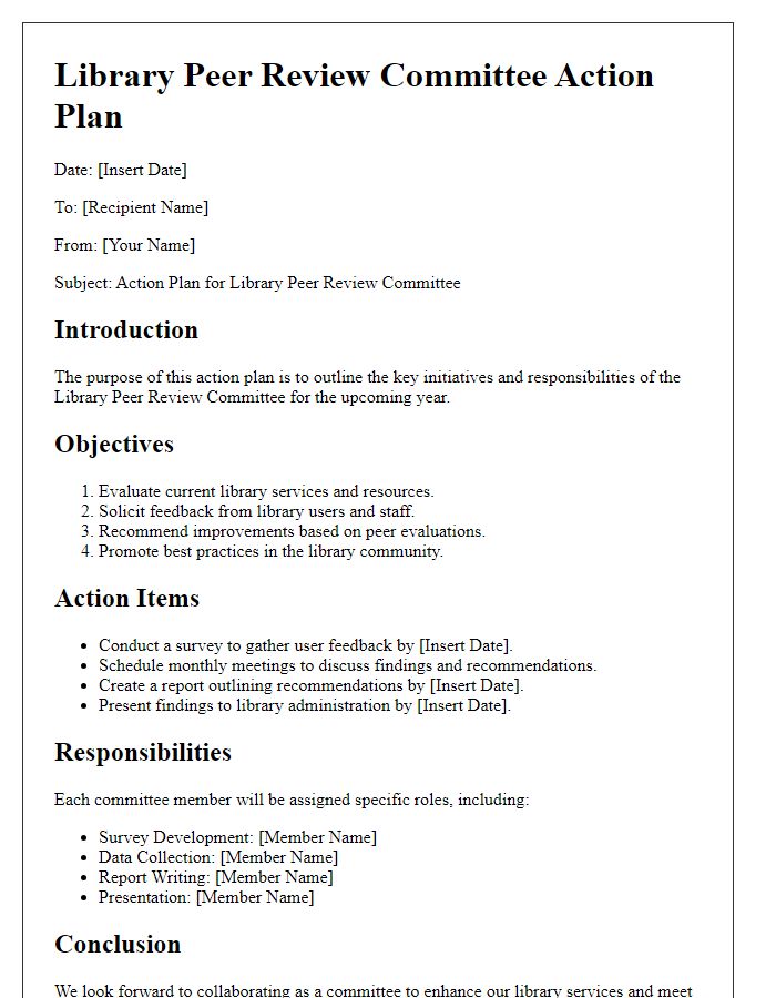 Letter template of library peer review committee action plan.