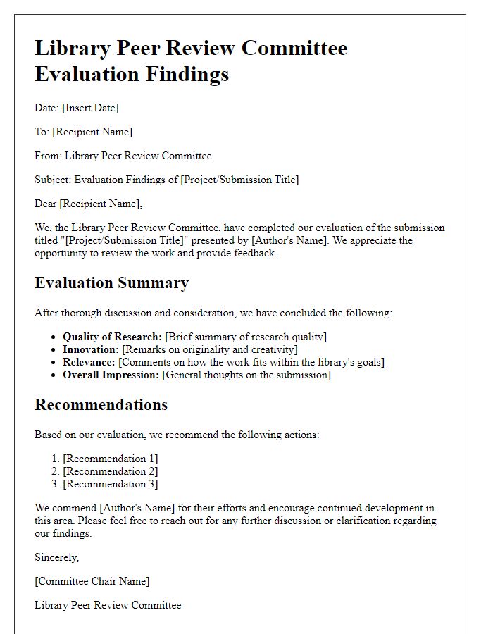 Letter template of library peer review committee evaluation findings.