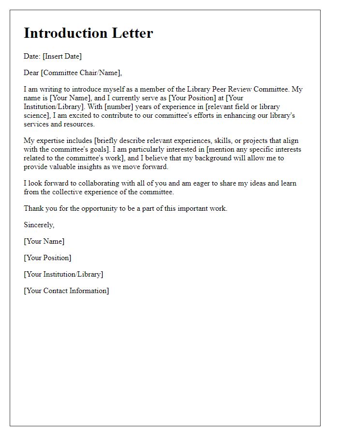 Letter template of library peer review committee member introduction.