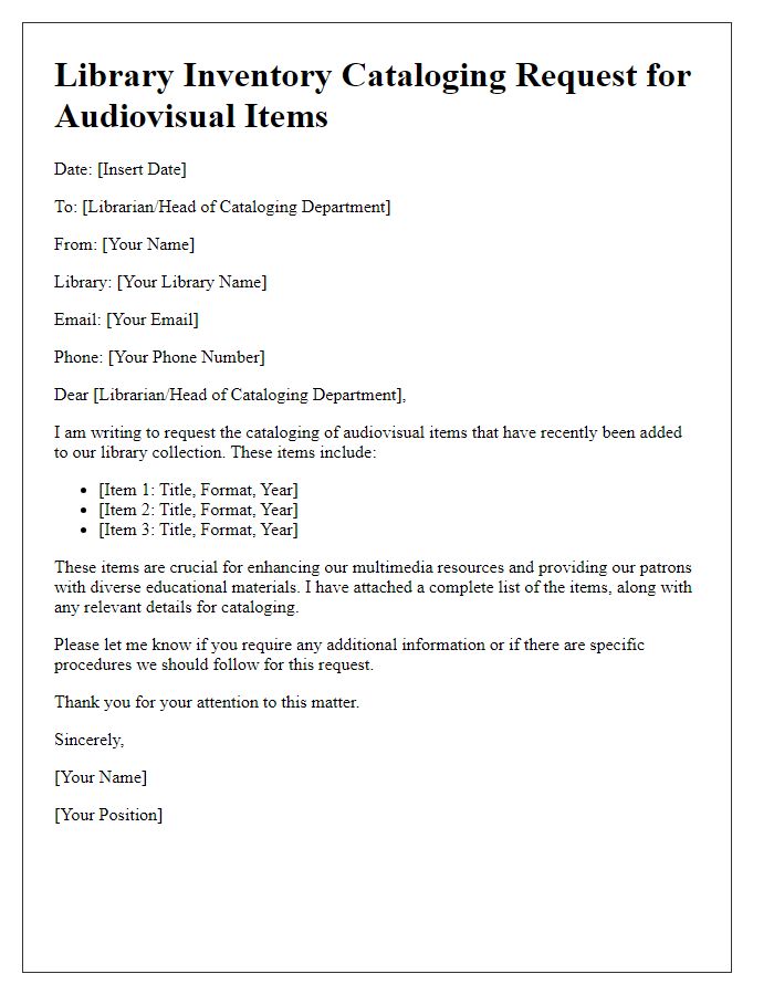 Letter template of library inventory cataloging request for audiovisual items