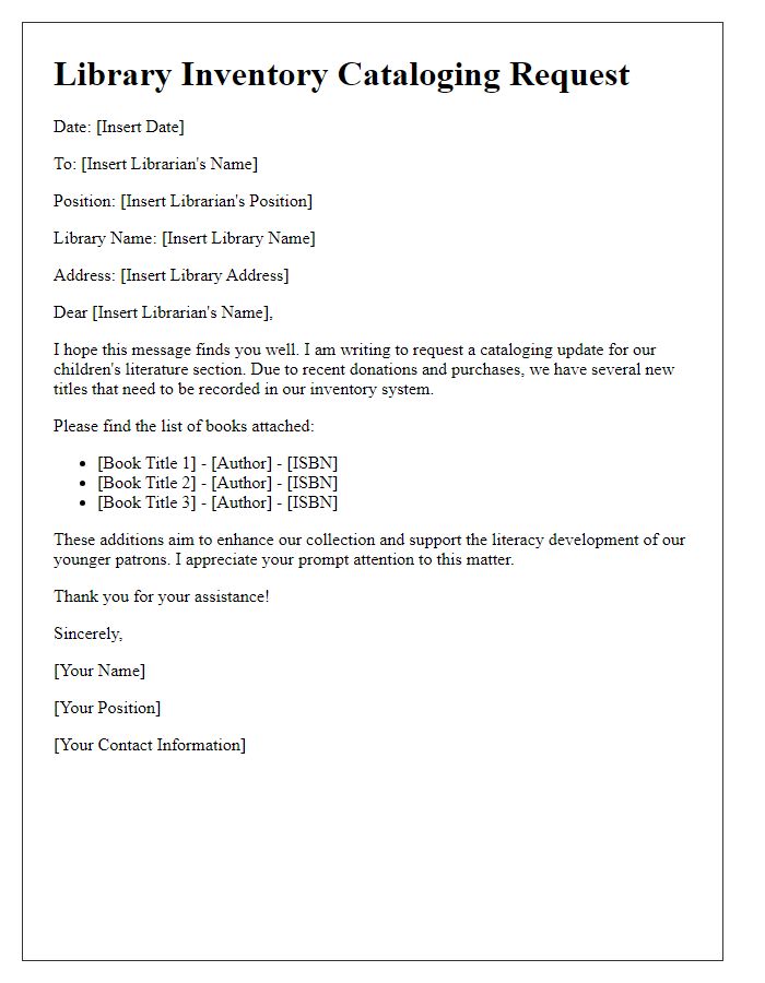 Letter template of library inventory cataloging request for children's literature