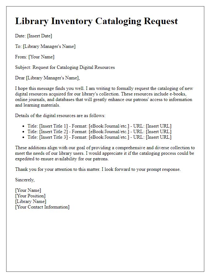 Letter template of library inventory cataloging request for digital resources