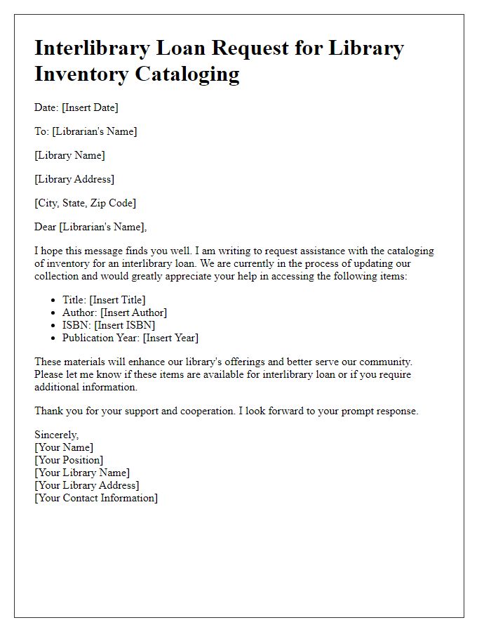 Letter template of library inventory cataloging request for interlibrary loans