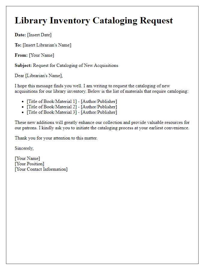 Letter template of library inventory cataloging request for new acquisitions