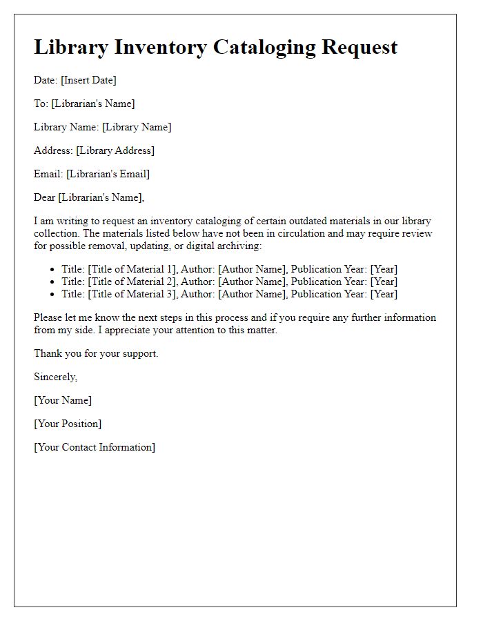 Letter template of library inventory cataloging request for outdated materials