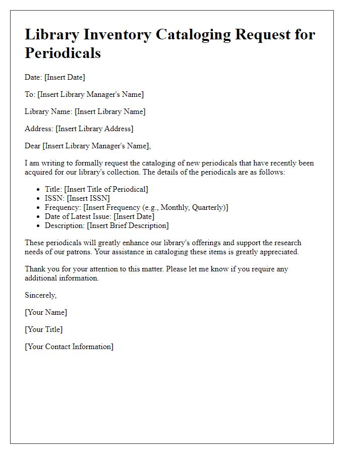 Letter template of library inventory cataloging request for periodicals