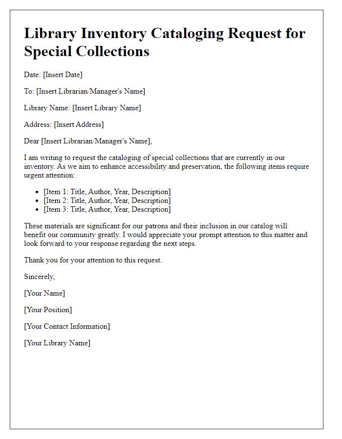 Letter template of library inventory cataloging request for special collections