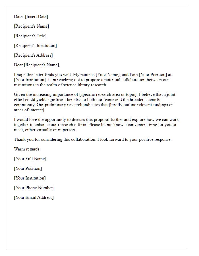 Letter template of collaboration proposal for science library research.