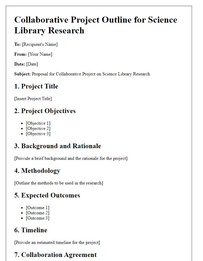 Letter template of collaborative project outline for science library research.