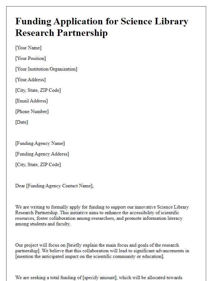 Letter template of funding application for science library research partnership.