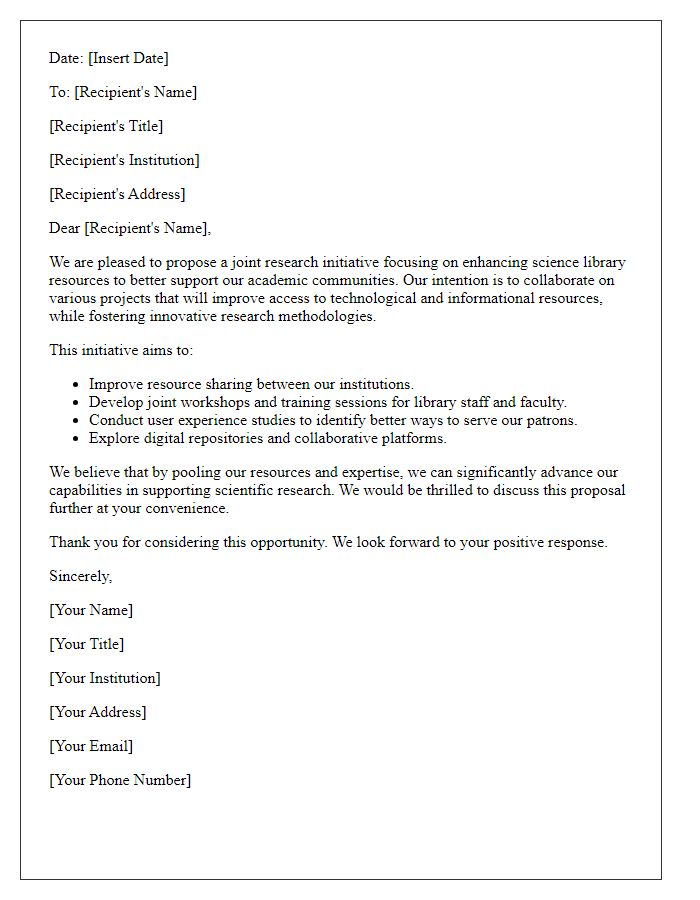 Letter template of joint research initiative for science library resources.