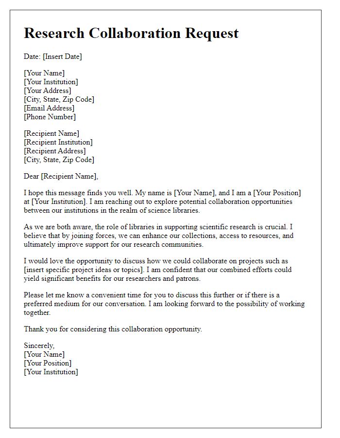 Letter template of research collaboration request for science libraries.