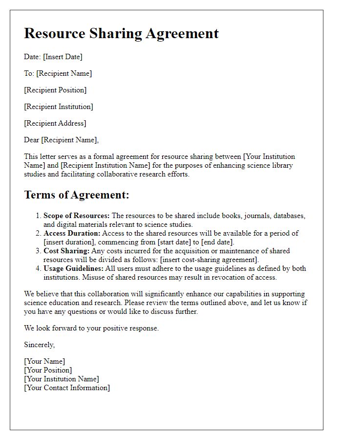 Letter template of resource sharing agreement for science library studies.