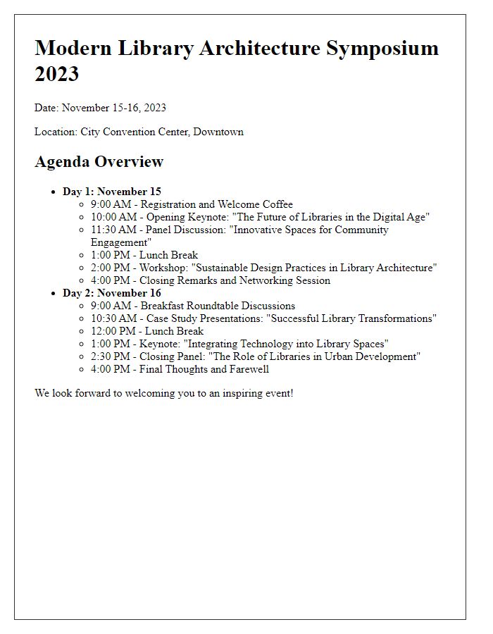 Letter template of agenda overview for modern library architecture symposium