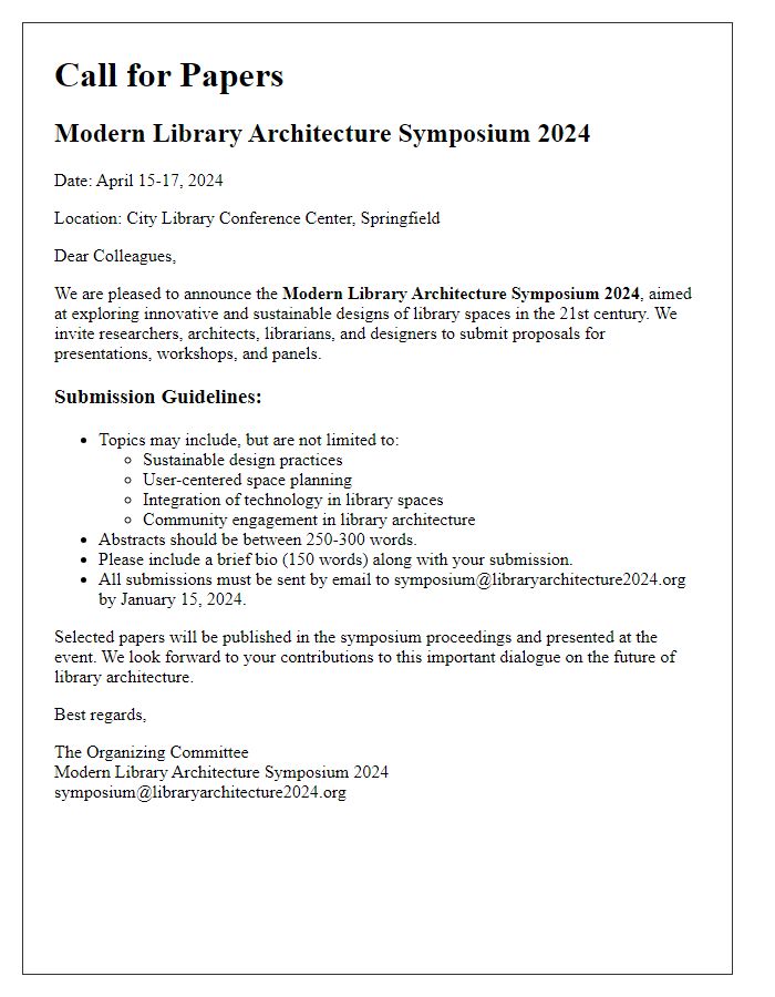 Letter template of call for papers for modern library architecture symposium