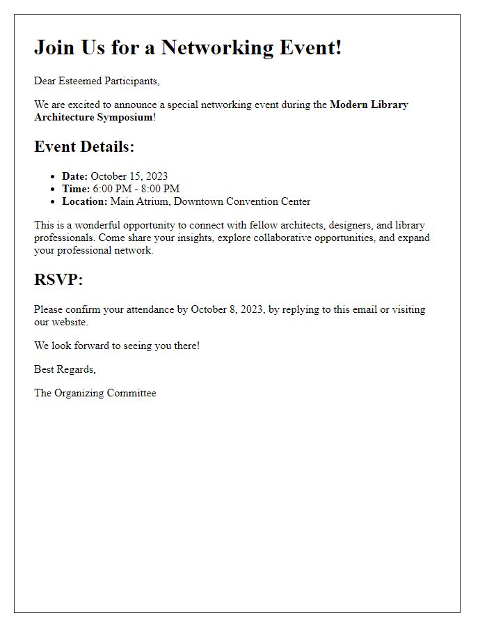 Letter template of networking event announcement at modern library architecture symposium