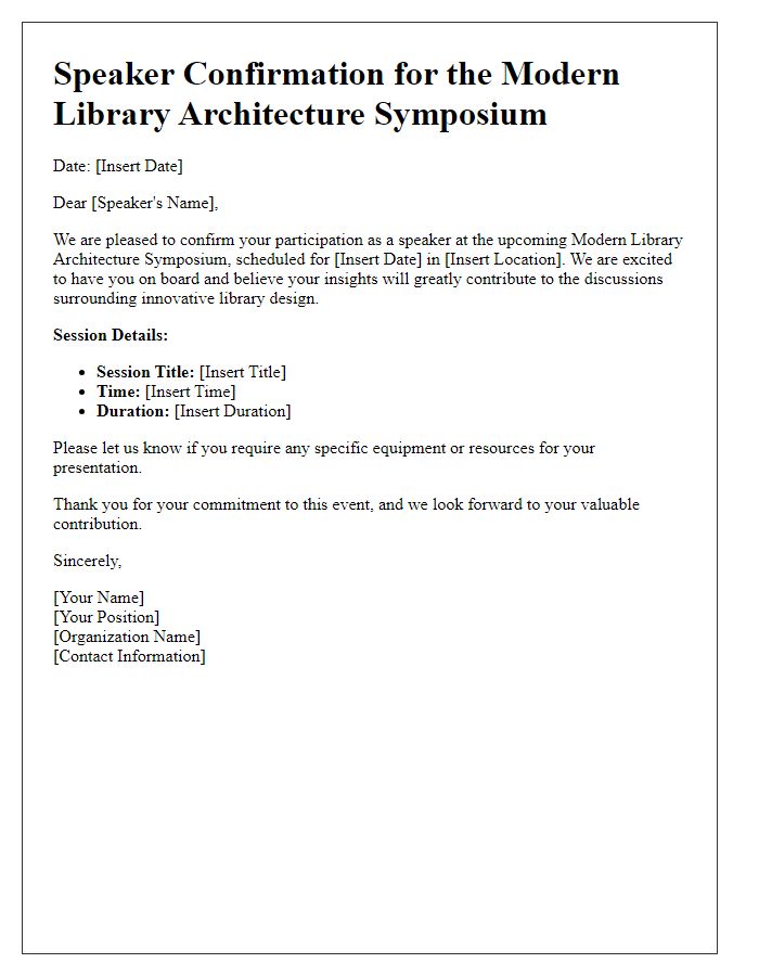 Letter template of speaker confirmation for modern library architecture symposium