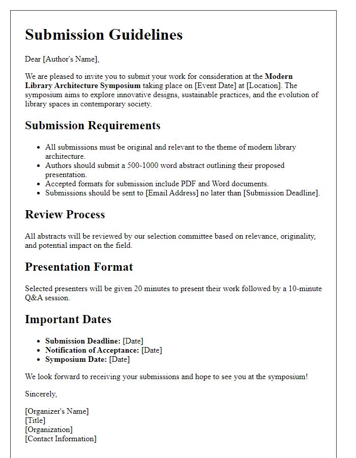 Letter template of submission guidelines for modern library architecture symposium