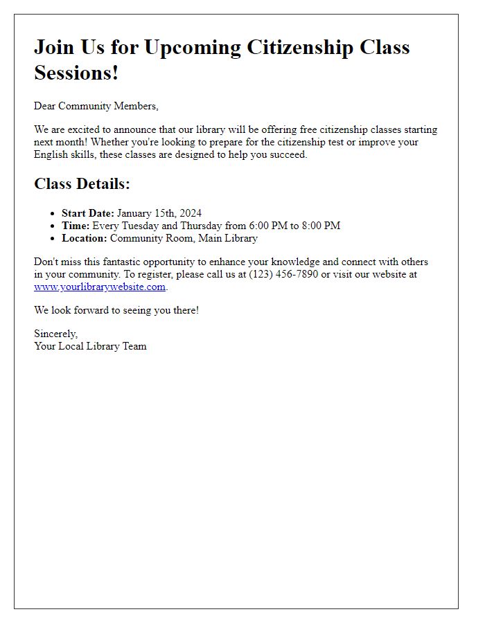 Letter template of announcement for upcoming library citizenship class sessions.