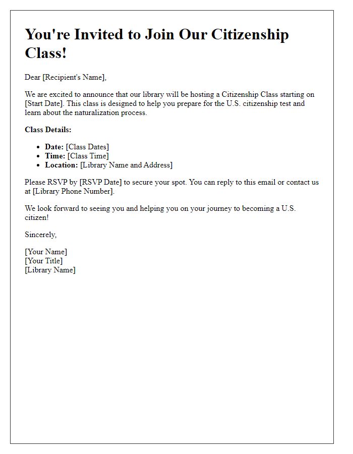 Letter template of invitation for library citizenship class enrollment.