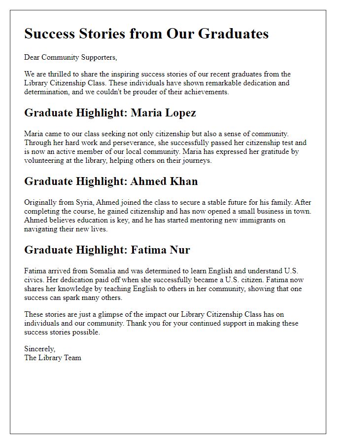 Letter template of success stories from library citizenship class graduates.