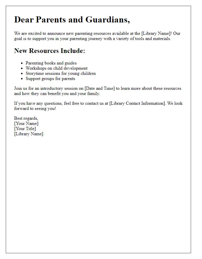 Letter template of library parenting resources announcement