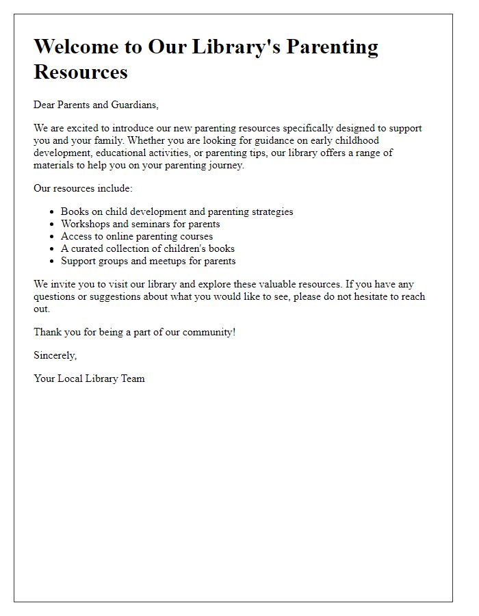 Letter template of library parenting resources introduction