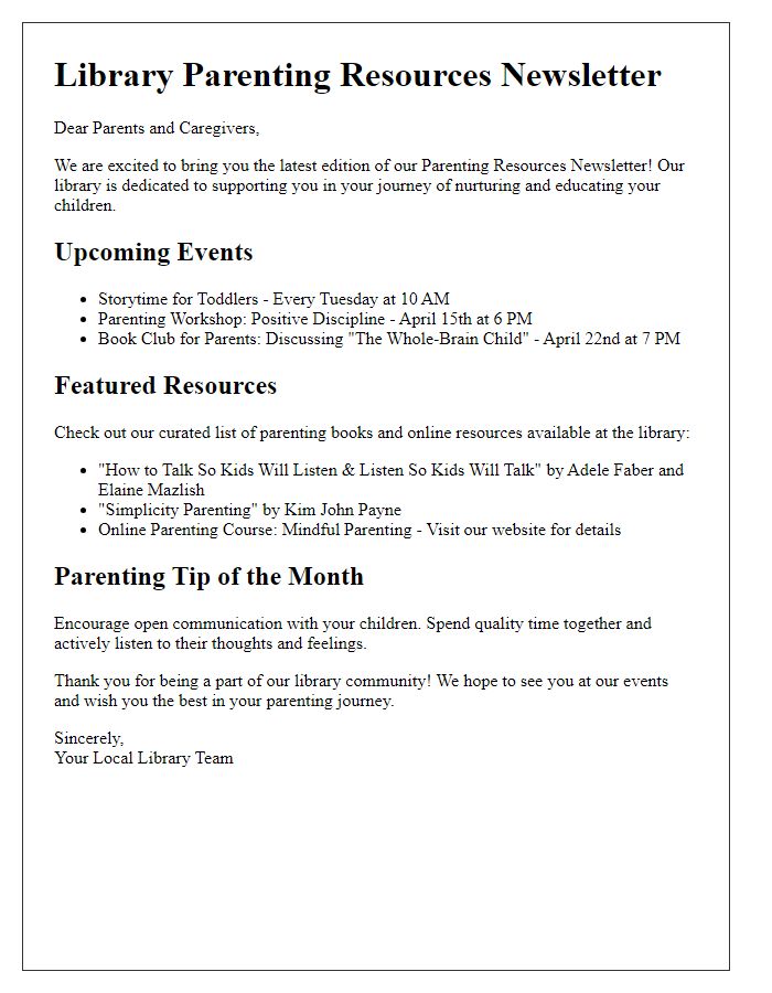 Letter template of library parenting resources newsletter