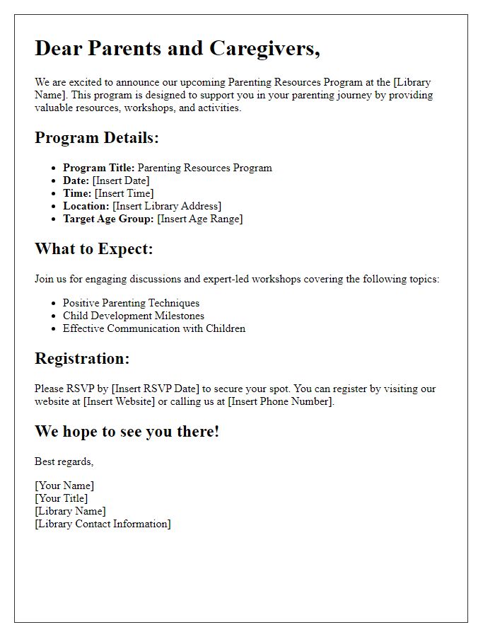 Letter template of library parenting resources program details